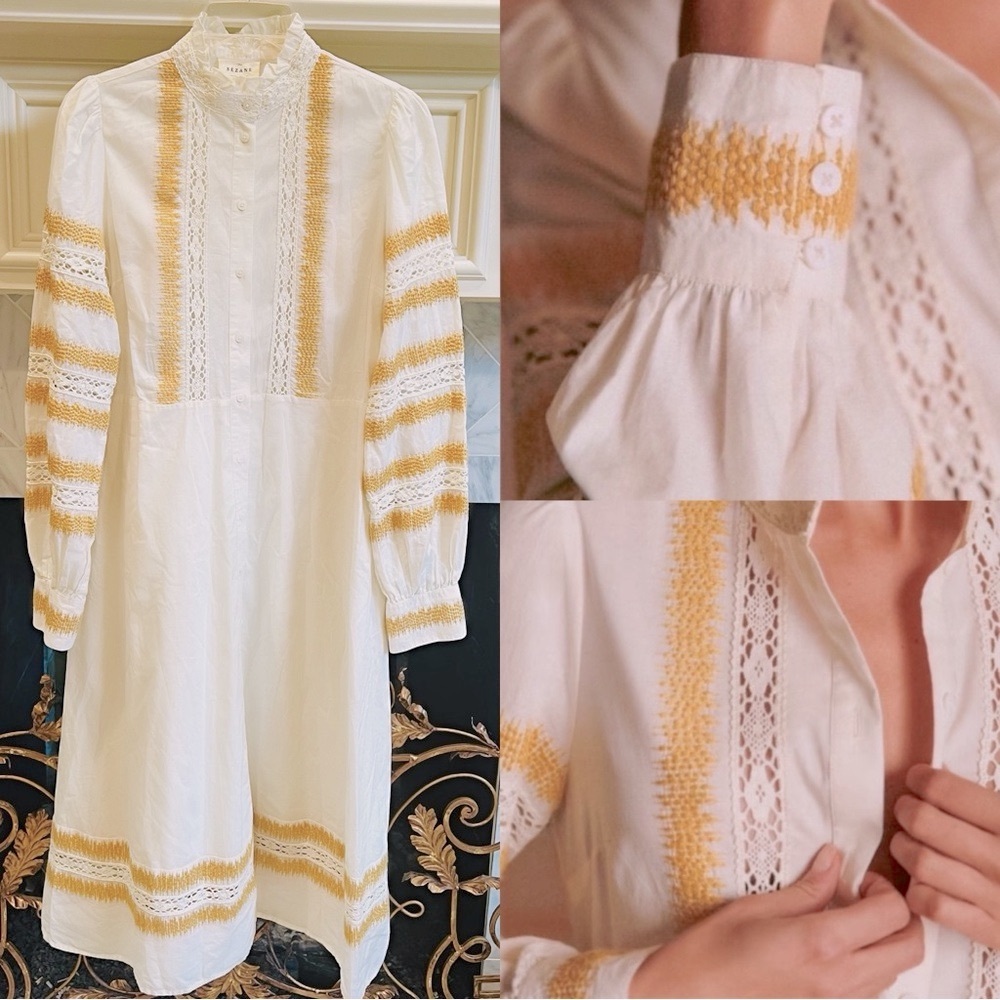 Like New Sézane Midi Dress Ecru Sunshine Yellow Victorian Lace Button Front